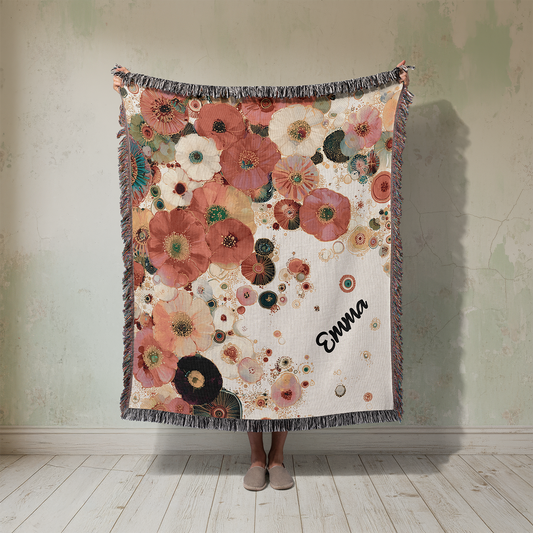 Personalized Floral Woven Blanket, Custom Name Tapestry, Boho Abstract Flower Jacquard Throw, Gift for Her, Cottagecore Wall Art