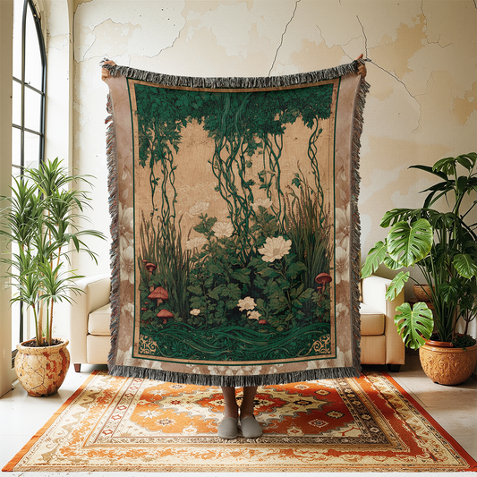 Garden Floral Cottagecore Woven Blanket Tapestry, Vintage Style Botanical Jacquard Throw, Goblincore Mushroom Wall Art, Forest Plants Decor