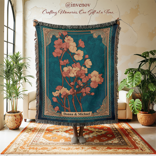Decorative tapestry with floral design in a room with plants and furniture.