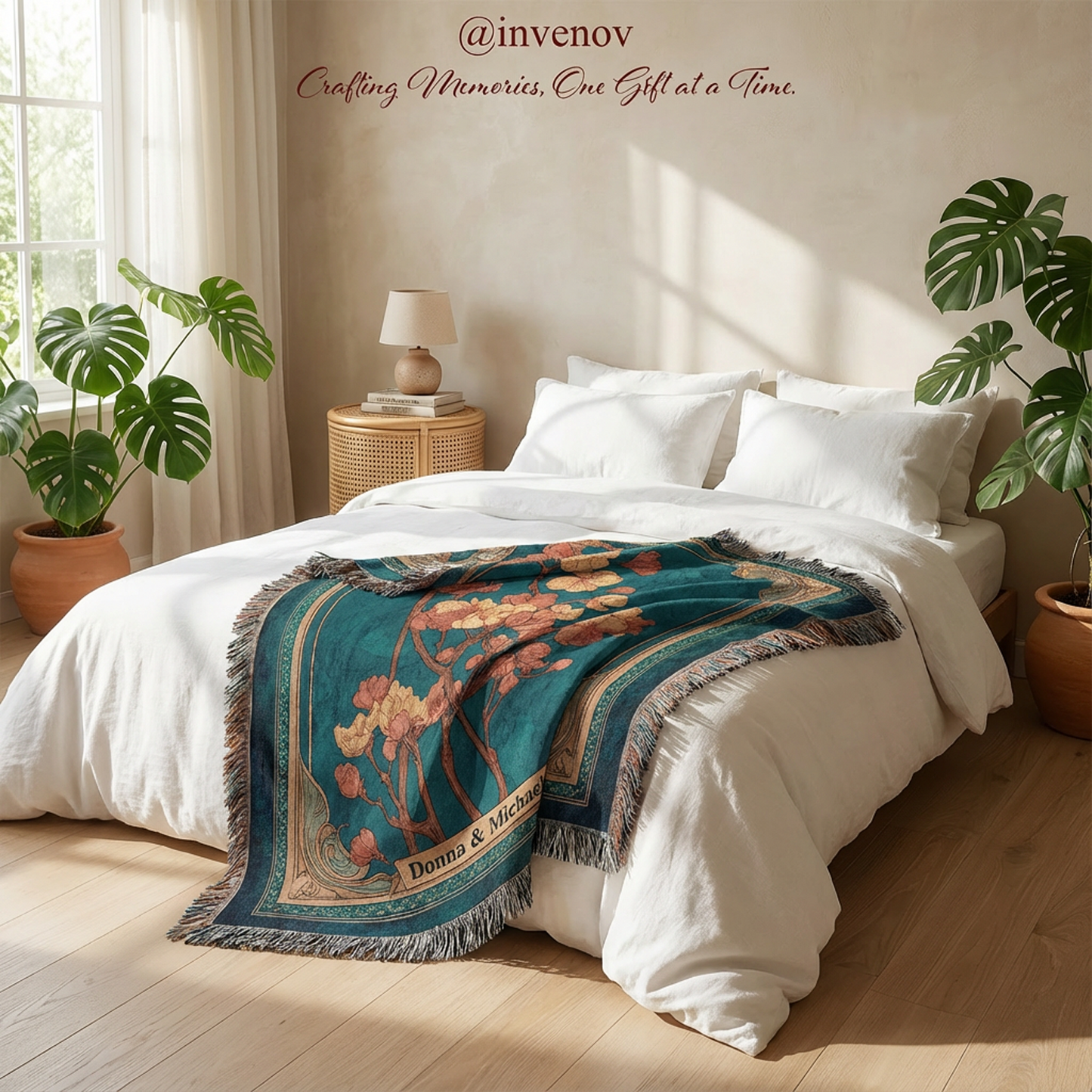 Bedroom with a bed covered by a decorative blanket, plants, and a lamp.