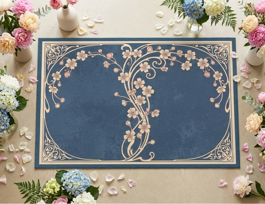 Decorative blue placemat with floral patterns on a table surrounded by flowers