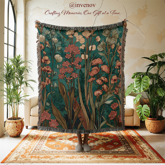 Floral tapestry in a room with plants and furniture.