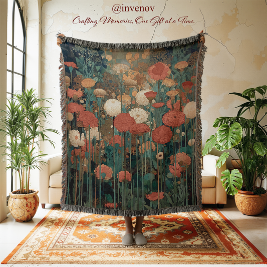 Floral tapestry in a room with plants and furniture.