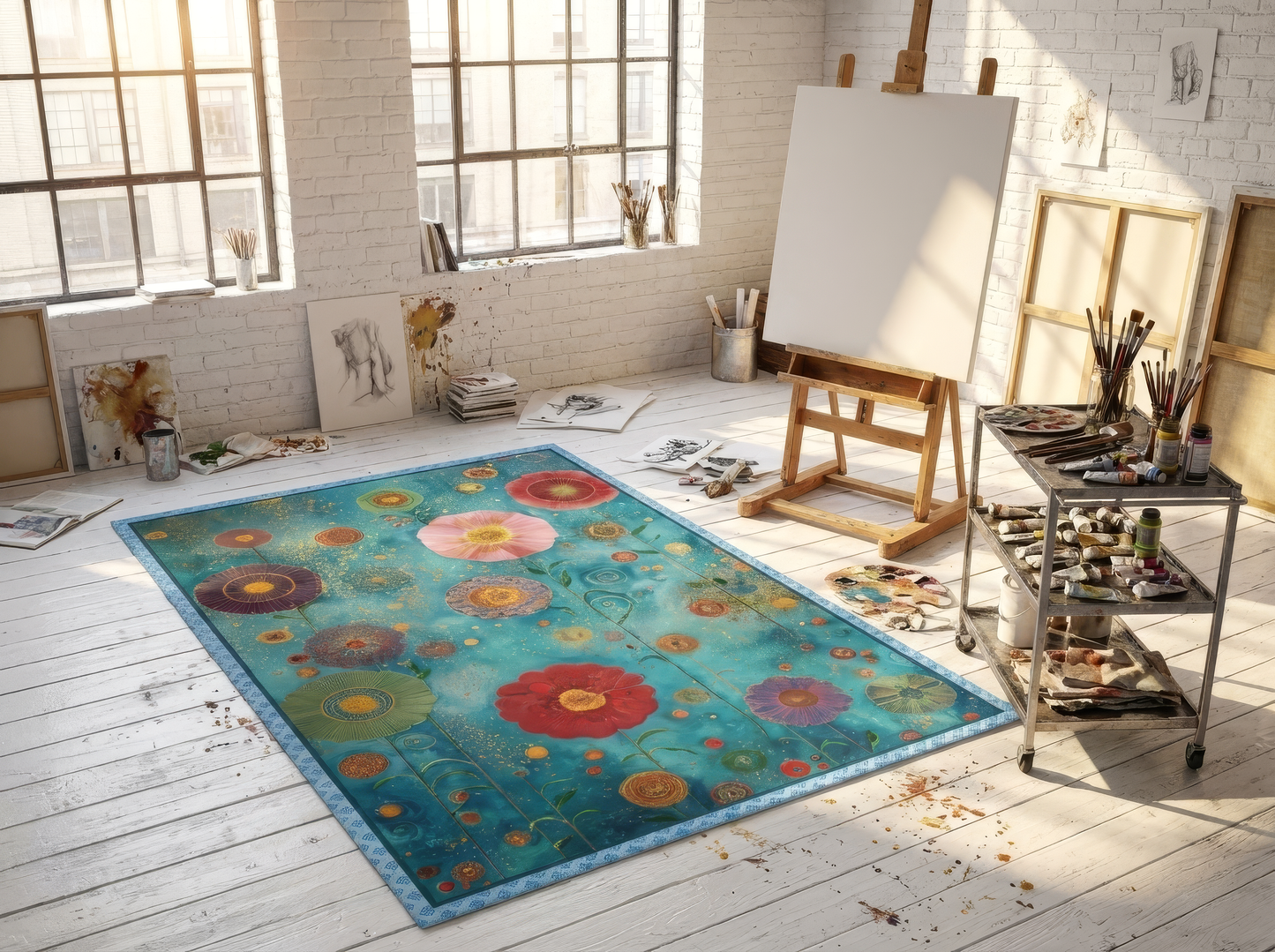 flower graphic area rug in a painting studio