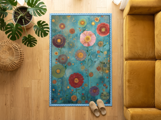 Flower graphic area rug in a living room