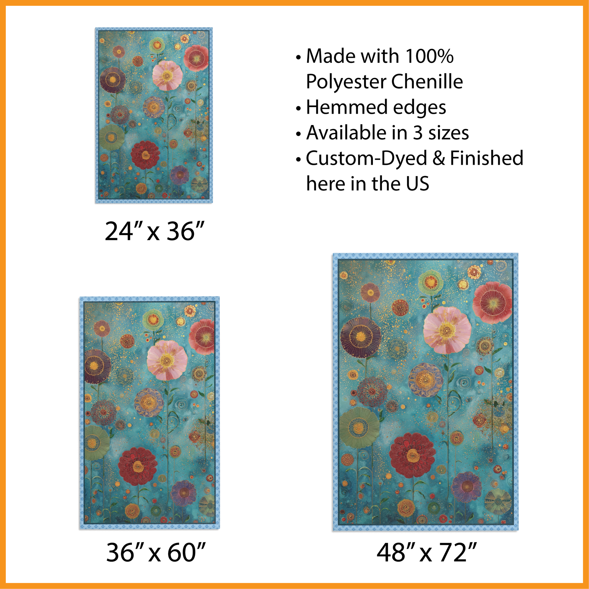 area rug with size options and features