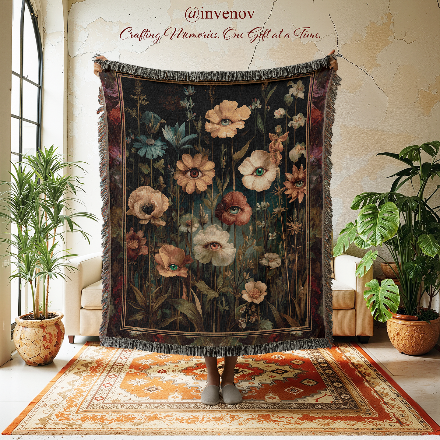 Decorative floral tapestry in a room with plants and furniture.