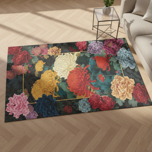 Japanese Chrysanthemum Area Rug, Peony Floral Floor Art, Maximalist Dark Botanical Decor, Large Oriental Flower Rug for Living Room