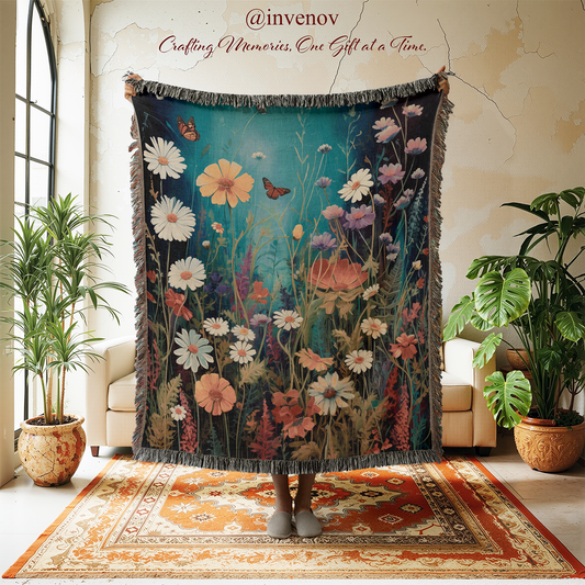 Floral tapestry being held up in a room with plants and furniture.