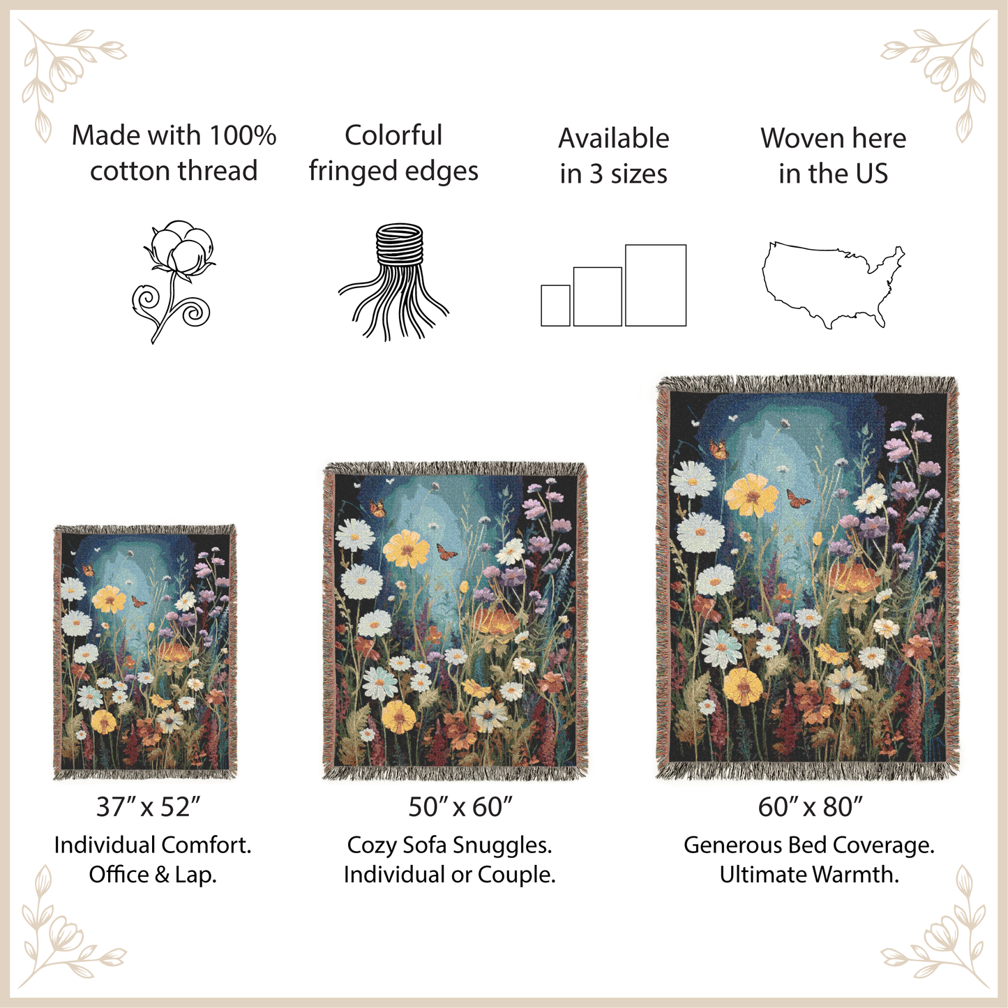 Floral tapestry with size options and features listed on a beige background