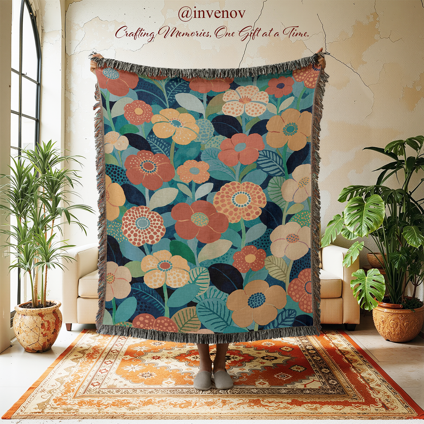 Floral patterned throw blanket  in a room with plants and a rug.