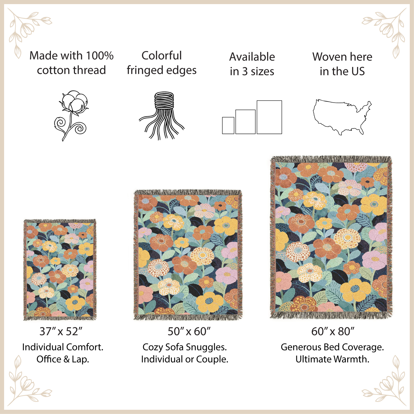 Floral patterned throw blankets with size and feature details on a beige background