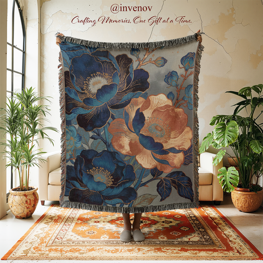 Floral tapestry in a room with plants and furniture.