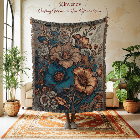 Floral tapestry held by a person in a room with plants and furniture.