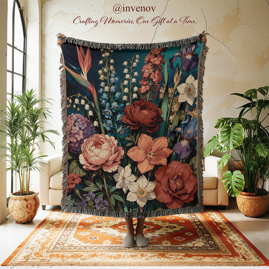 Floral tapestry in a room with plants and furniture.