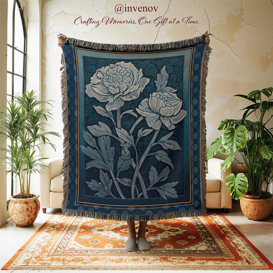 Floral tapestry in a room with plants and furniture.