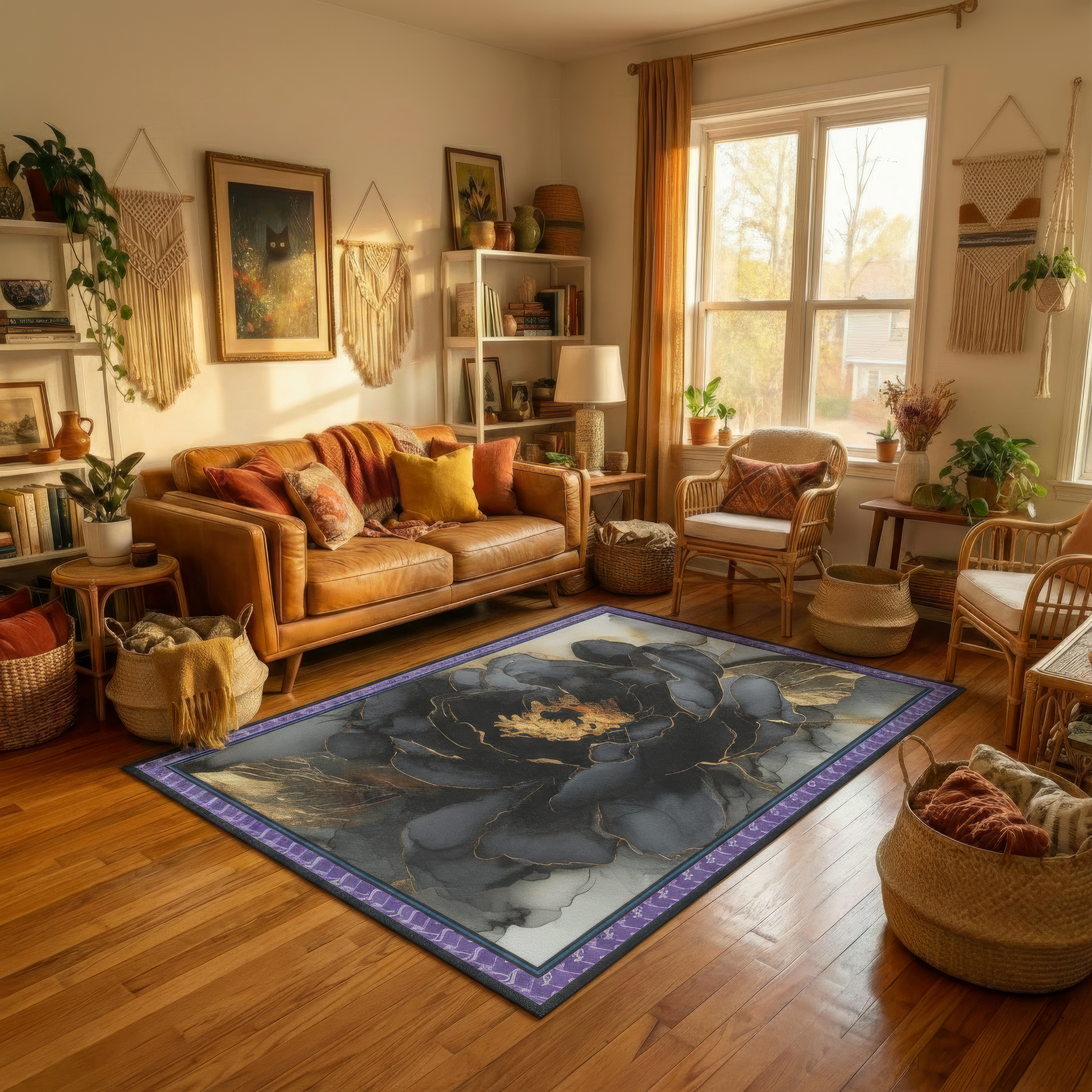 Cozy living room with a brown leather sofa, decorative rug, and wooden floor.