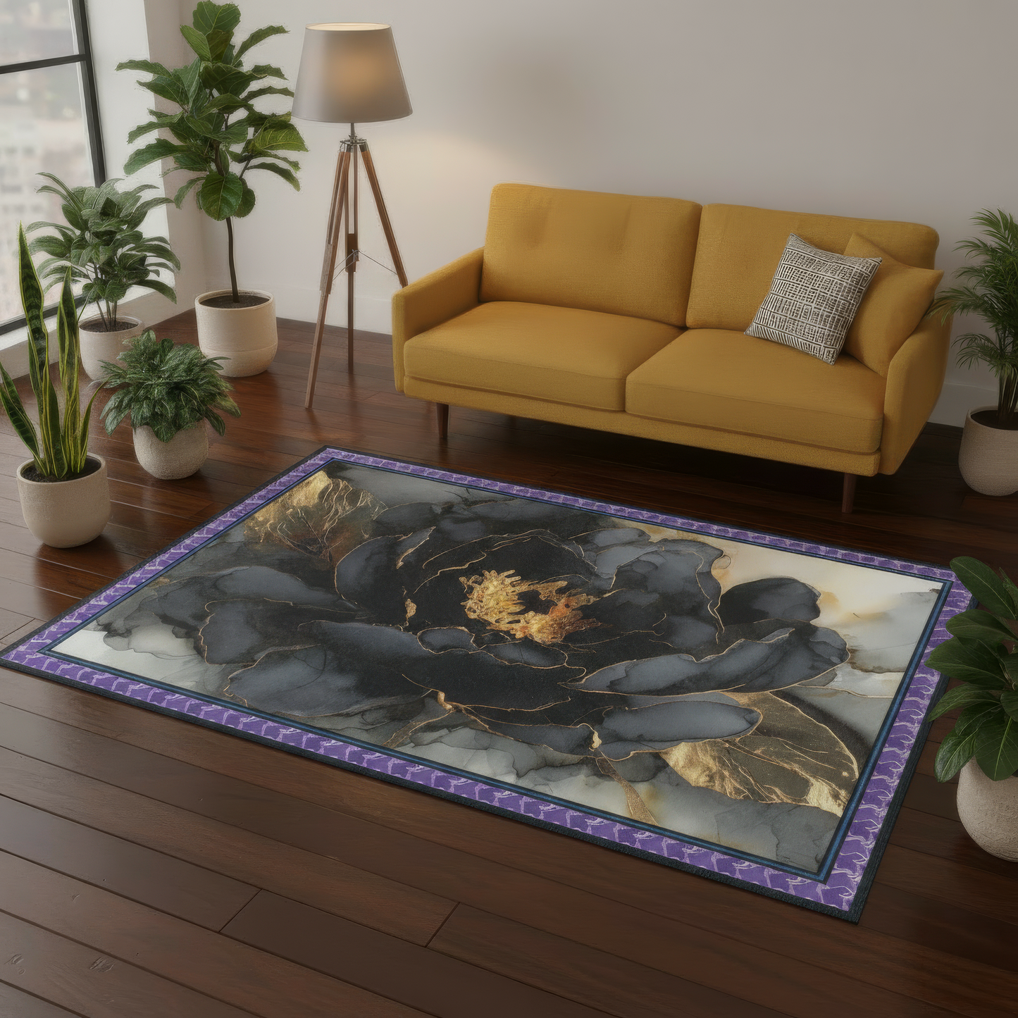 Decorative rug with floral design on a wooden floor in a living room setting.