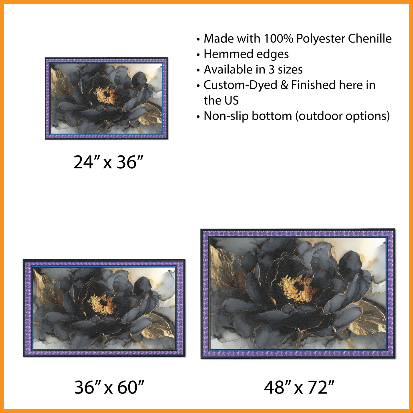 Decorative rug with floral design and size options displayed on a white background.