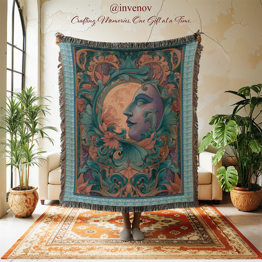 Decorative tapestry with a celestial design in a room with plants and furniture.