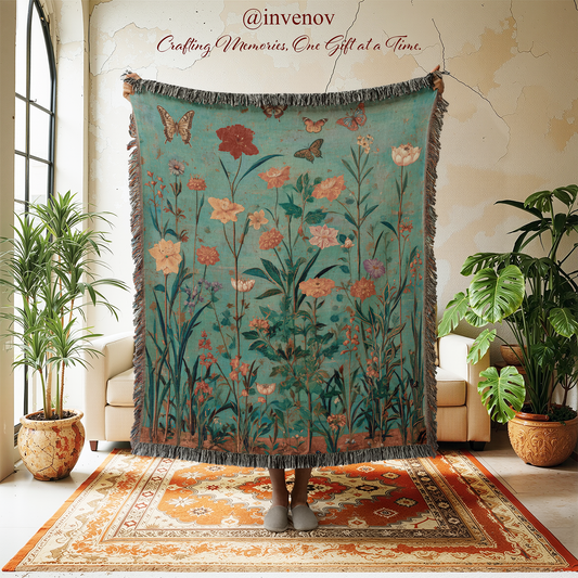 Floral tapestry hanging in a room with plants and furniture.