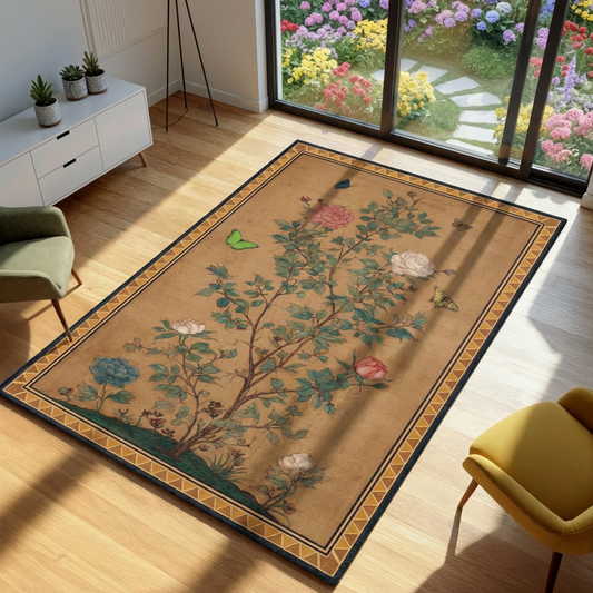 Decorative rug with floral design on a wooden floor in a room with a garden view.