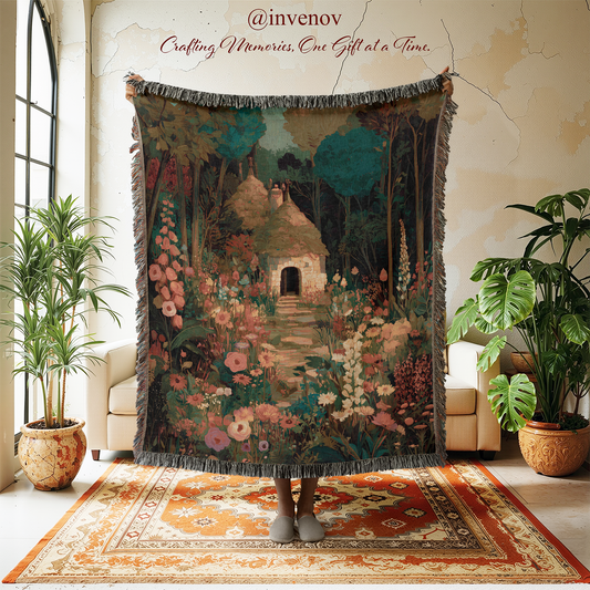 Decorative tapestry with a garden scene in a room with plants and furniture.