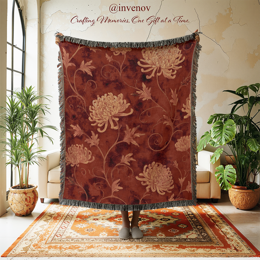 Decorative floral-patterned throw blanket with a homey interior setting.