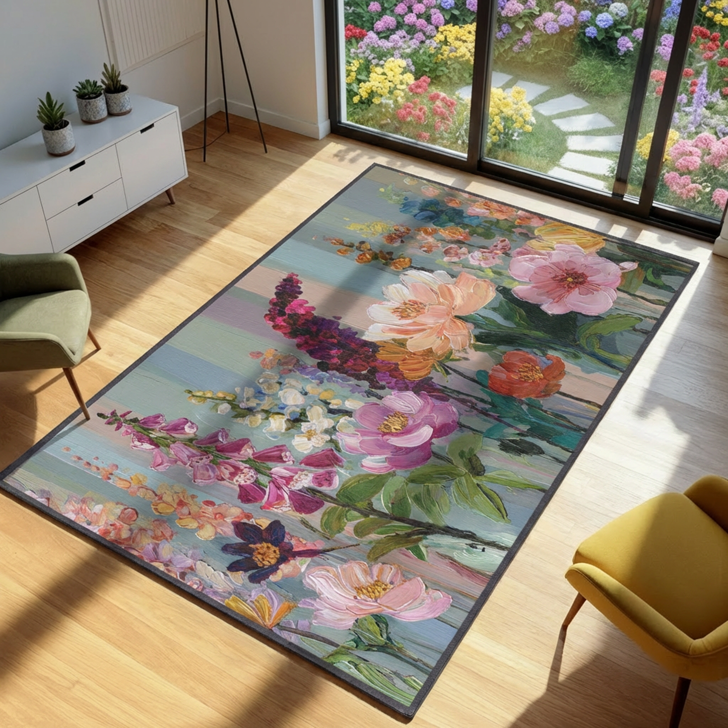 Floral rug on a wooden floor with chairs and a garden view.