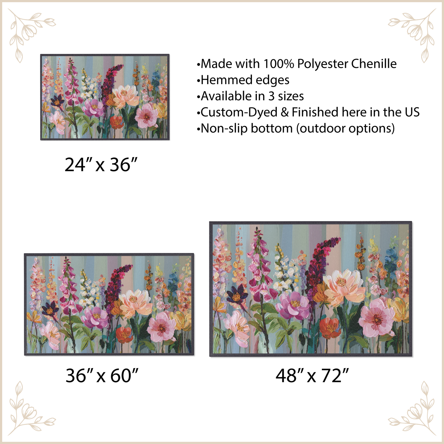 Floral rug with dimensions and product details on a beige background