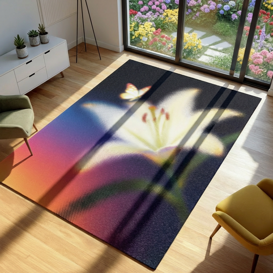 Colorful rug with a floral design in a room with a garden view