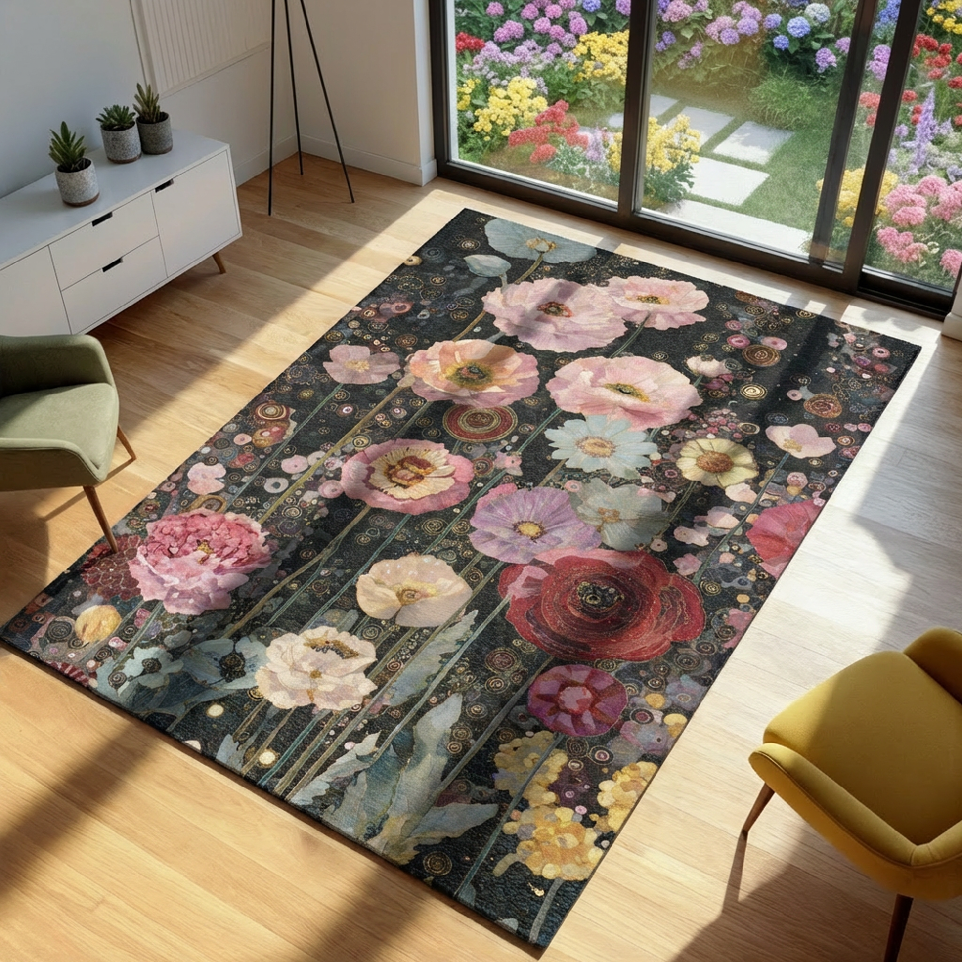Floral patterned rug on a wooden floor with a view of a garden.