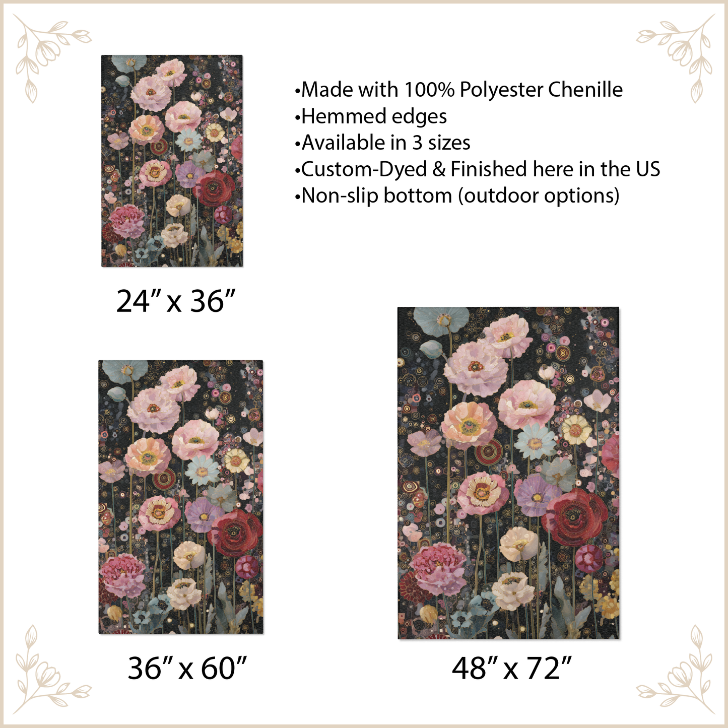 Floral patterned rug with size options and product details on a beige background