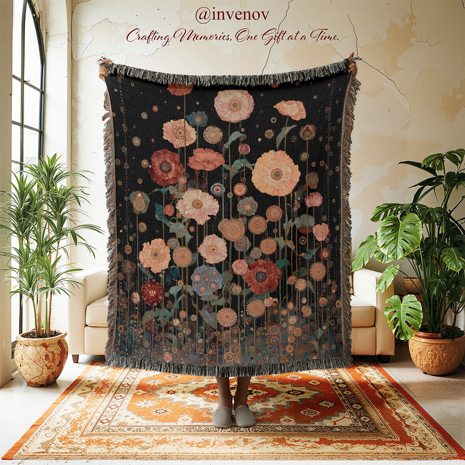 Decorative floral throw blanket displayed in a room with plants and furniture.