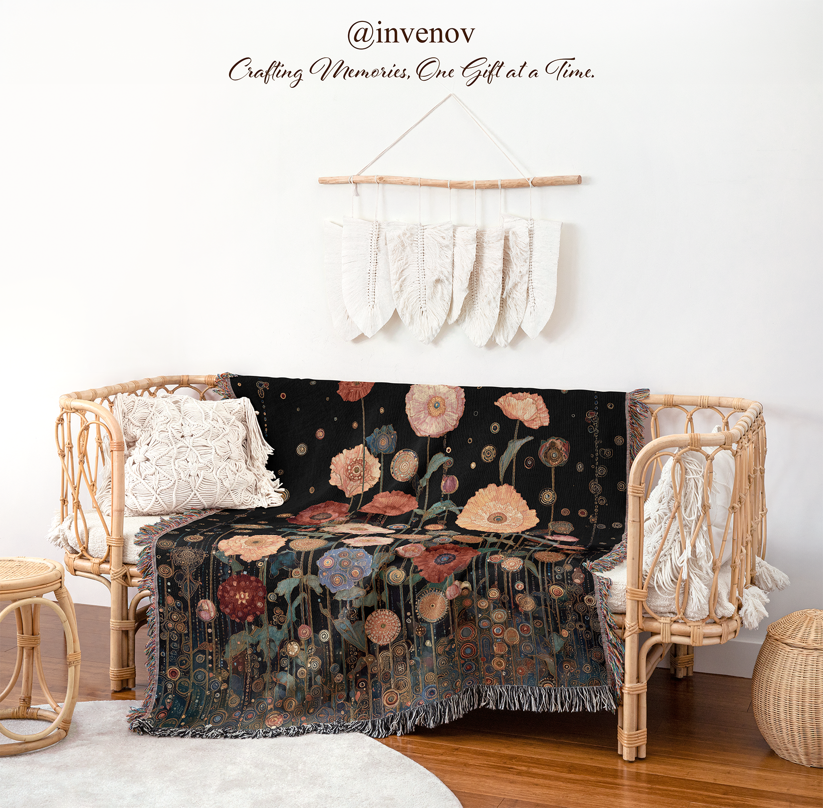 Decorative blanket with floral pattern draped over a wicker chair