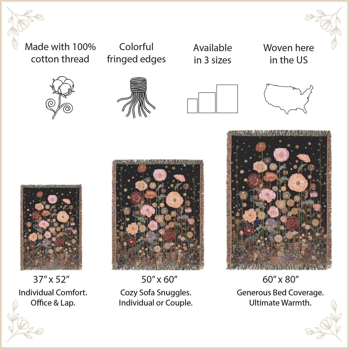 Floral-patterned blanket with size specifications and features on a beige background