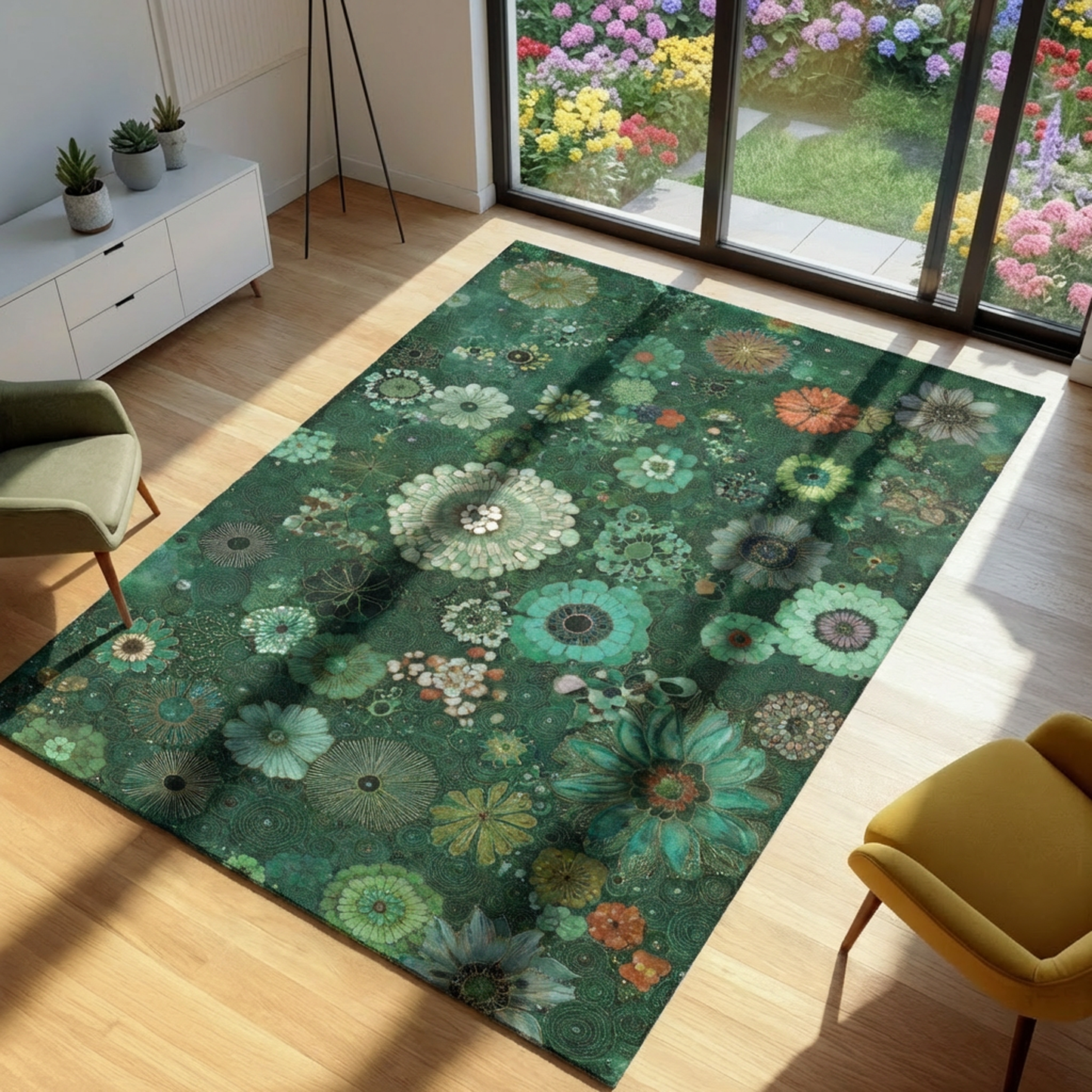 Green Floral Area Rug, Intricate Botanical Carpet, Moody Garden Floor Mat, Sage Green Decor, Art Nouveau Style Rug, Whimsical Room Accent
