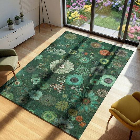 Green Floral Area Rug, Intricate Botanical Carpet, Moody Garden Floor Mat, Sage Green Decor, Art Nouveau Style Rug, Whimsical Room Accent