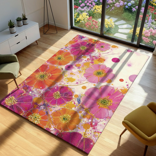 Floral patterned rug on a wooden floor with a view of a garden through a window.