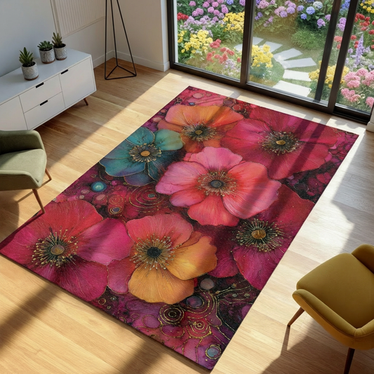 Floral patterned rug on a wooden floor with a garden view outside.
