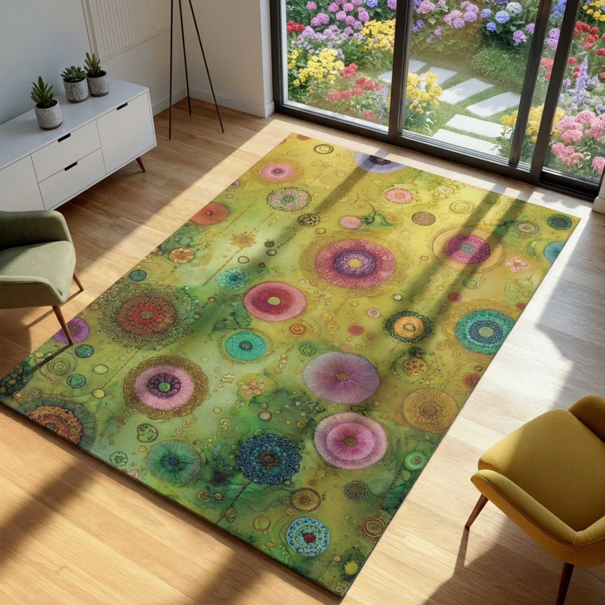 Colorful floral rug on a wooden floor with a view of a garden outside.