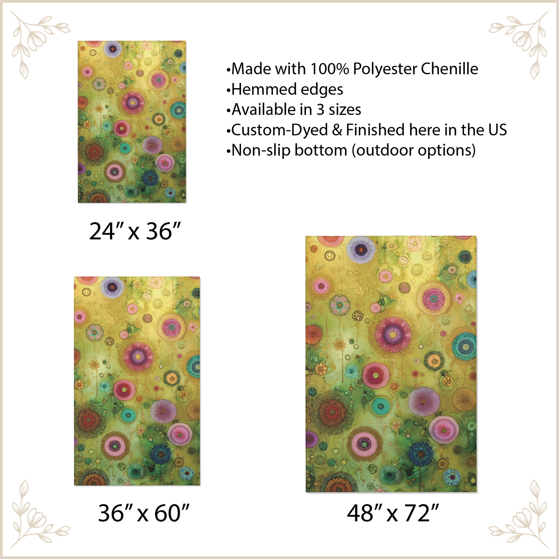 Colorful circular patterned area rug with size options and product details on a beige background.