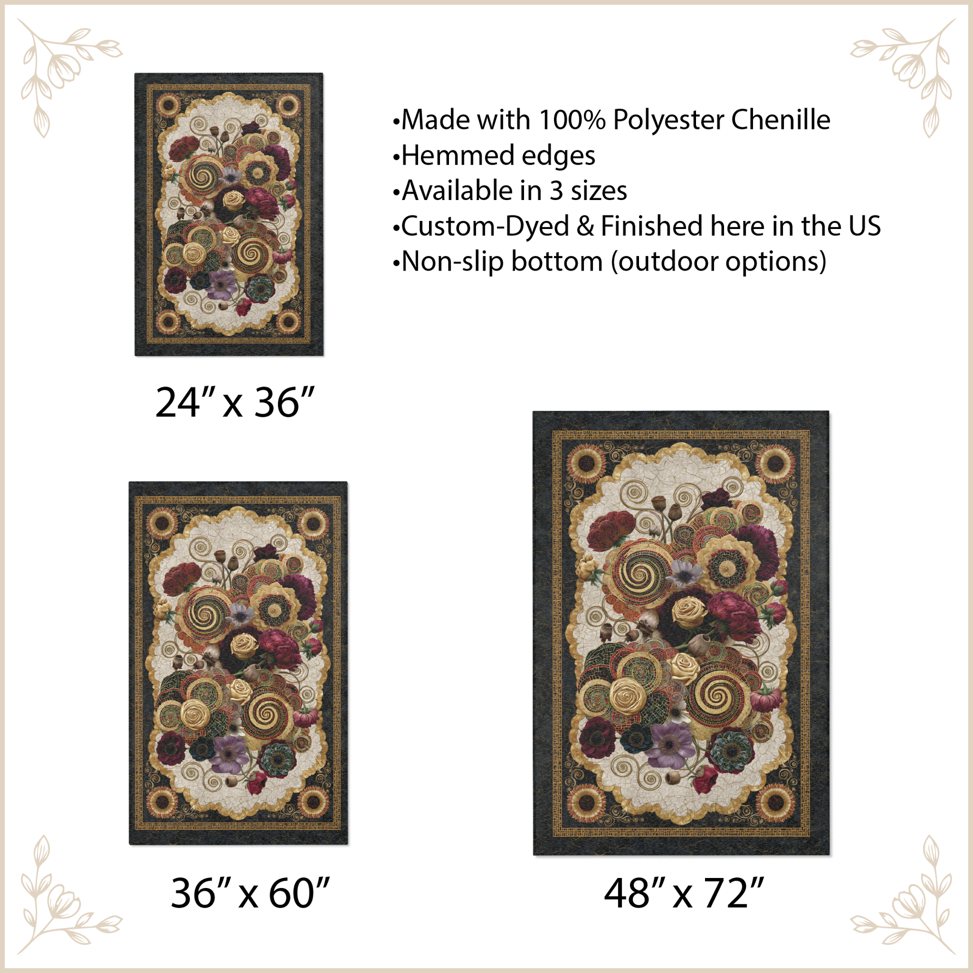area rug with abstract flower designs with size option and features