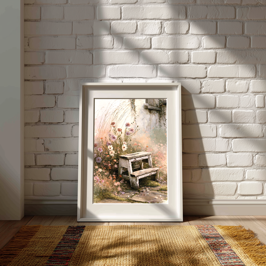 Framed artwork of a garden scene with a bench against a white brick wall.