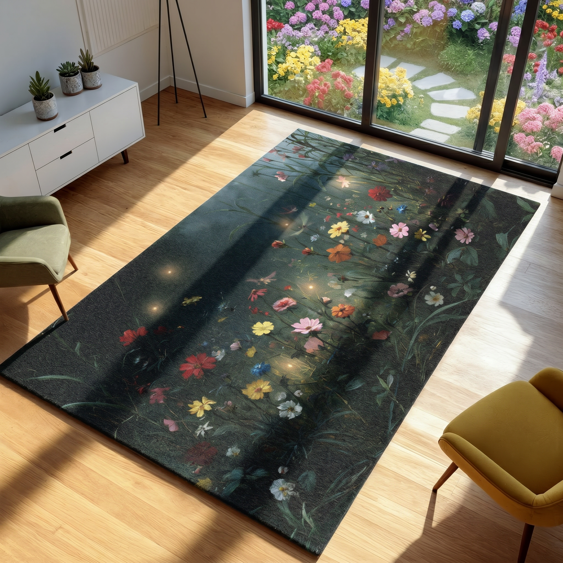 Decorative rug with floral design on a wooden floor in a room with a garden view.