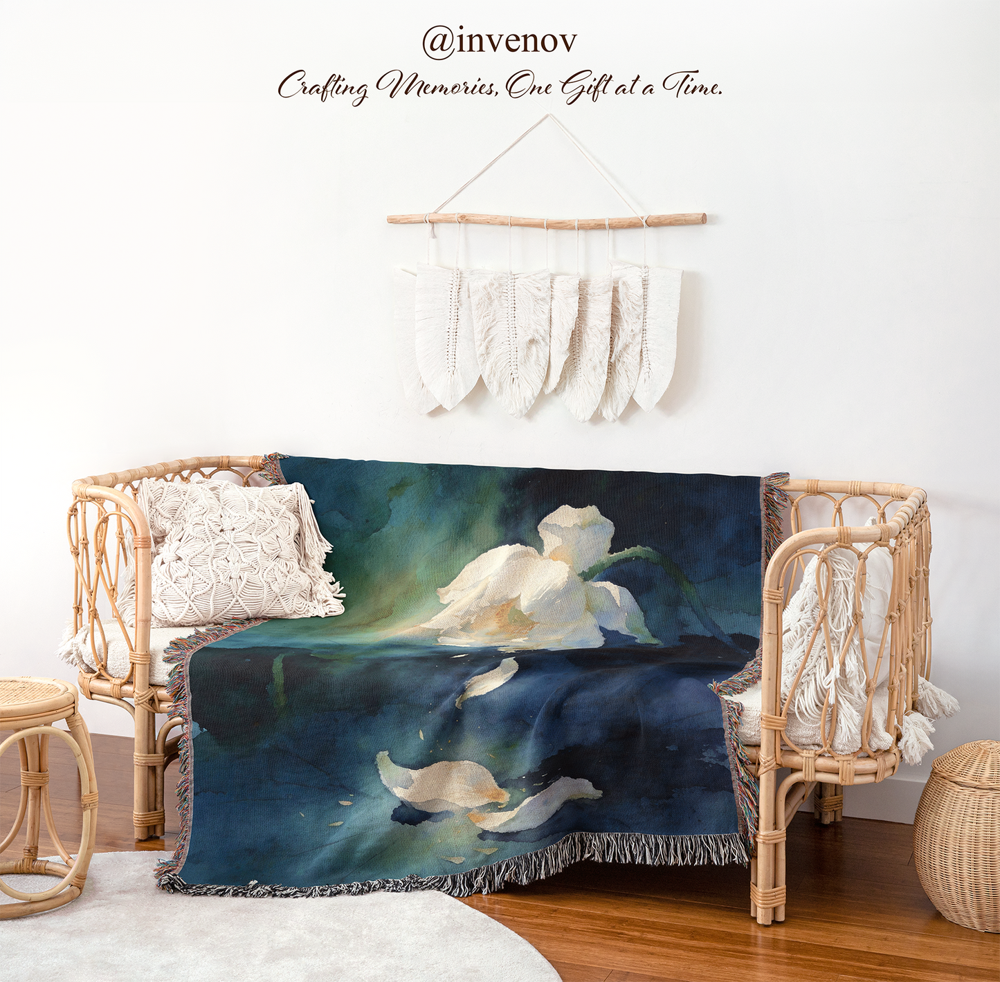Decorative blanket with flower design draped over a chair