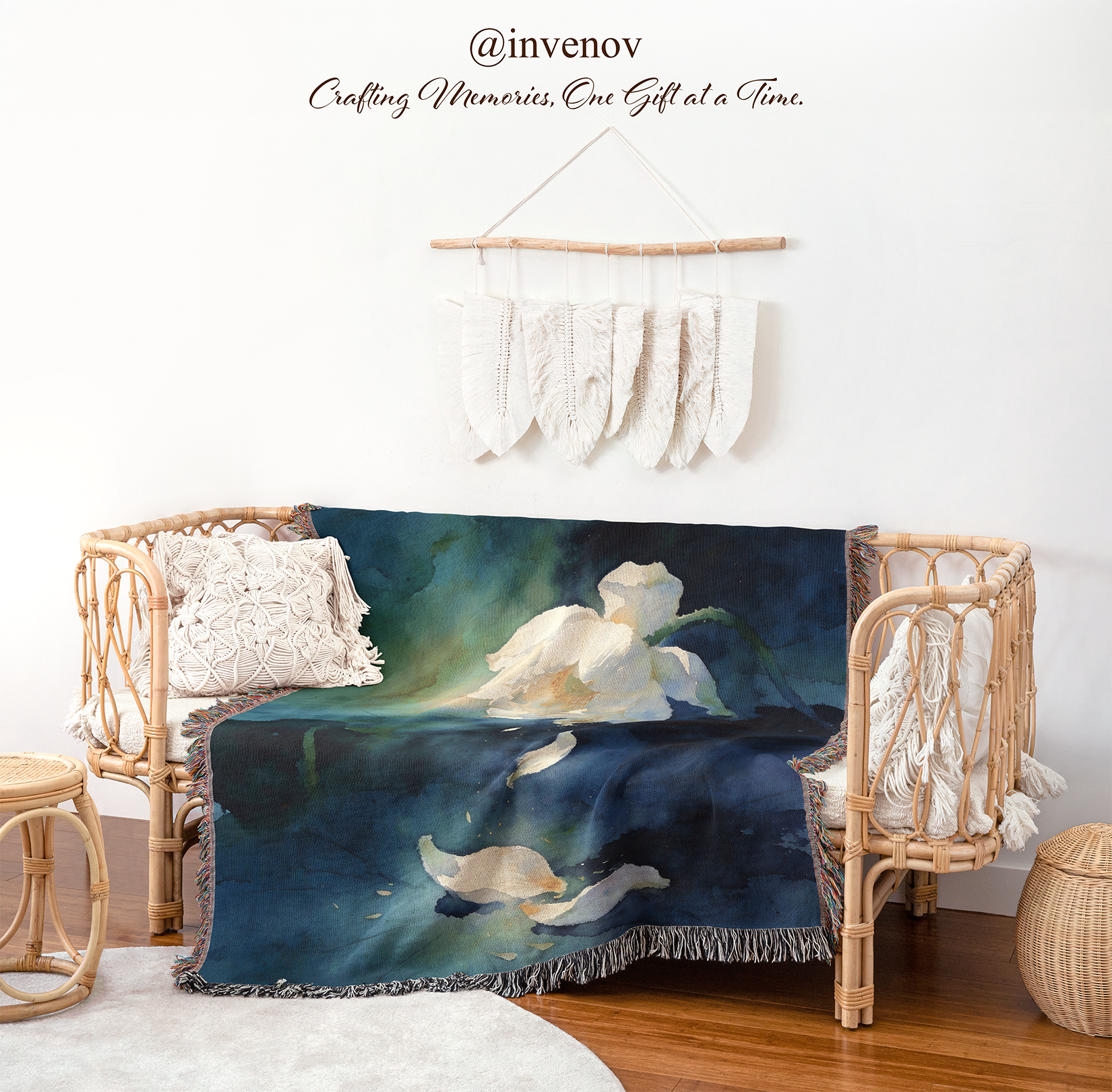 Decorative blanket with flower design draped over a chair