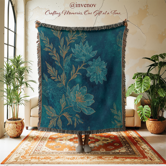 Floral patterned throw blanket displayed in a room with plants and furniture.