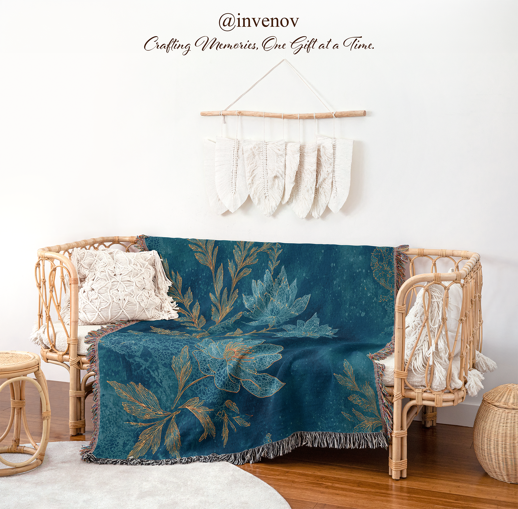 Teal floral blanket draped over a wicker chair 