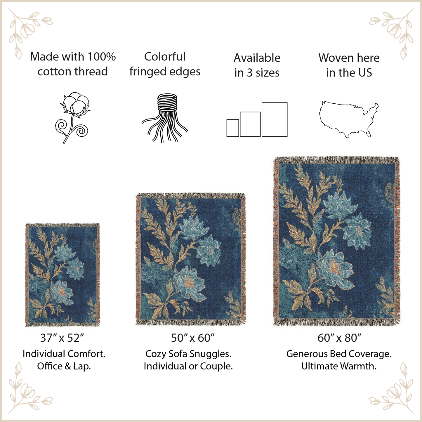 woven blanket with fringed edges, displayed in three sizes on a beige background.